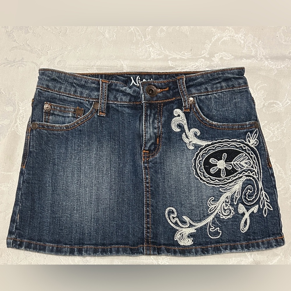 Nissi Denim Mini Skirt with White Embroidery